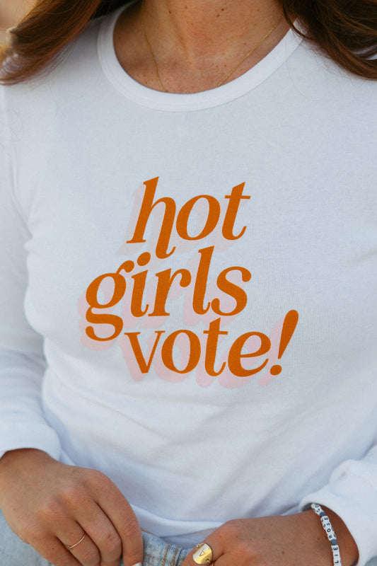 Hot Girls Vote Long Sleeve Baby Tee - Pink & Orange