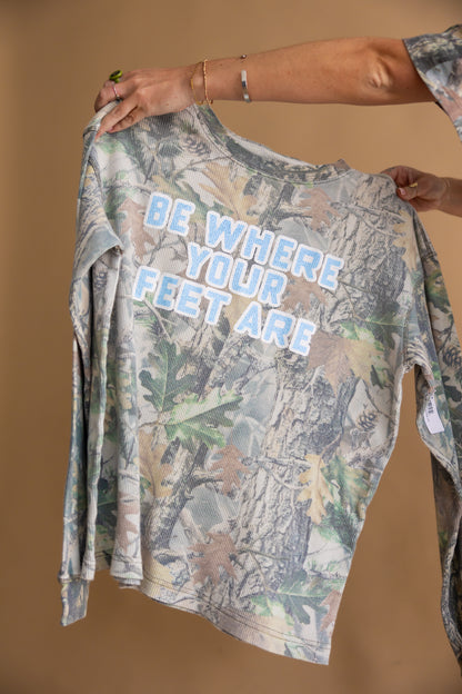 Be Where Your Feet Are Camo Waffle Knit Long Sleeve
