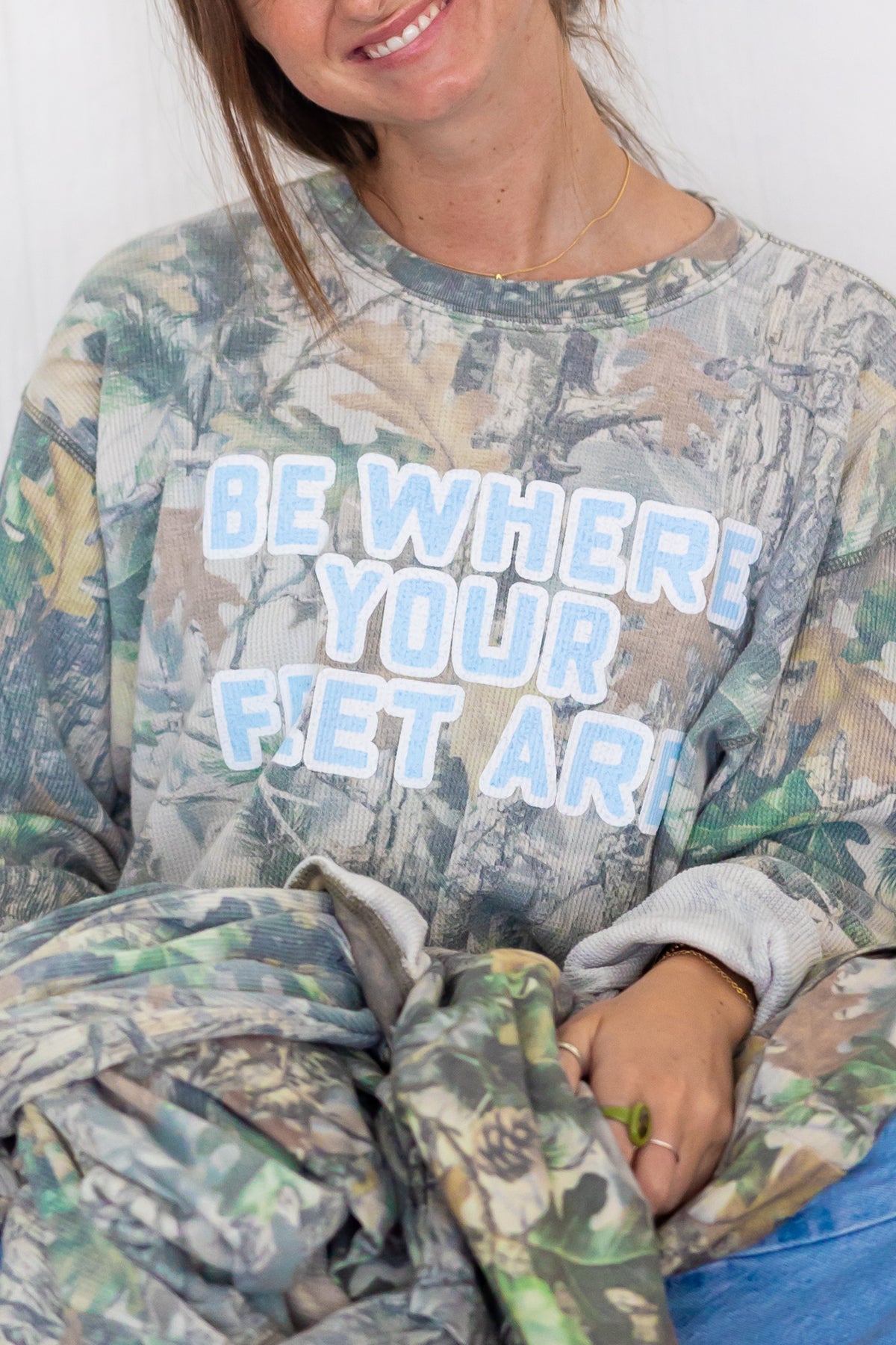 Be Where Your Feet Are Camo Waffle Knit Long Sleeve