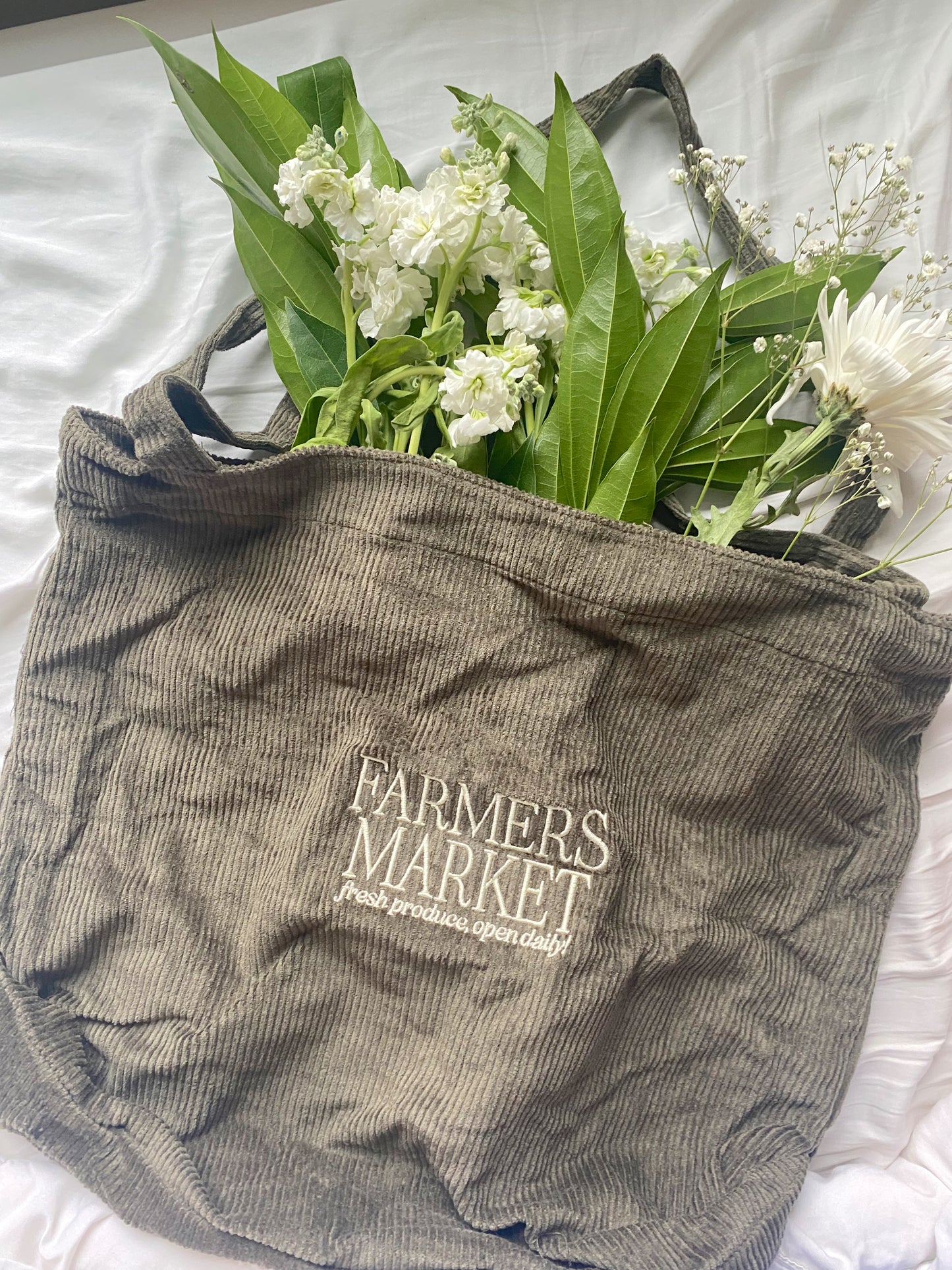 Farmers Market Embroidered Corduroy Tote Bag